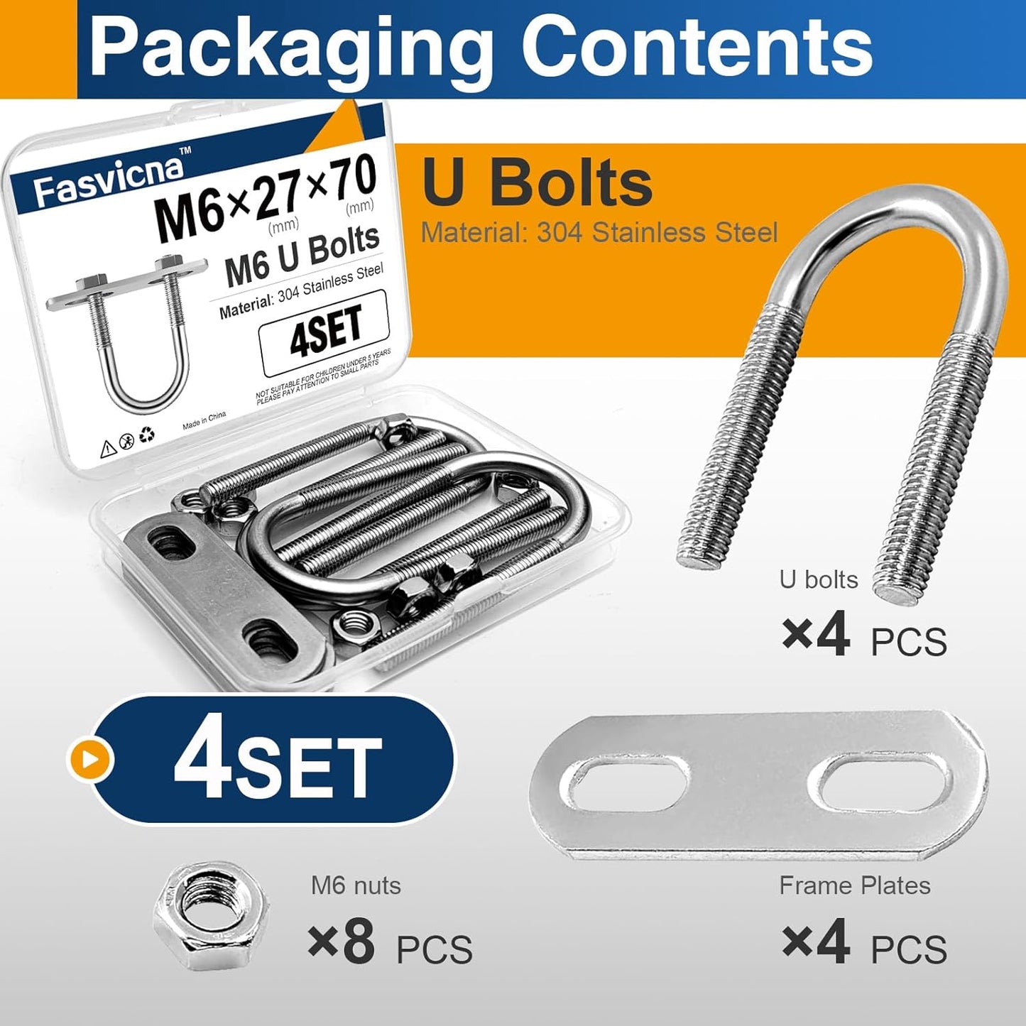 Set 4 Pernos U M6 Acero Inox Tubo Grande