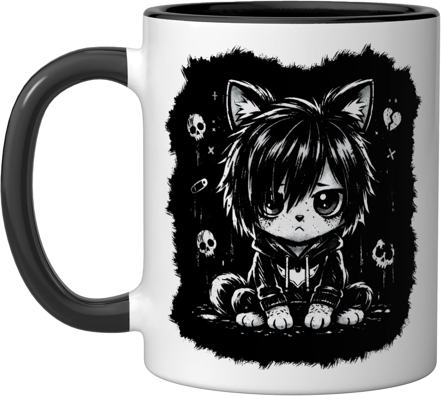 Taza cerámica gato emo grunge goth negro/blanco
