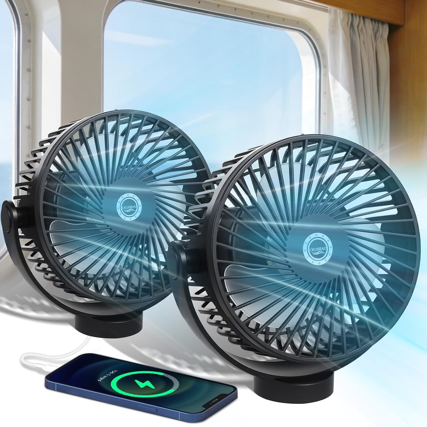 2 Ventiladores Magnéticos Crucero Batería 12000mAh Luz LED