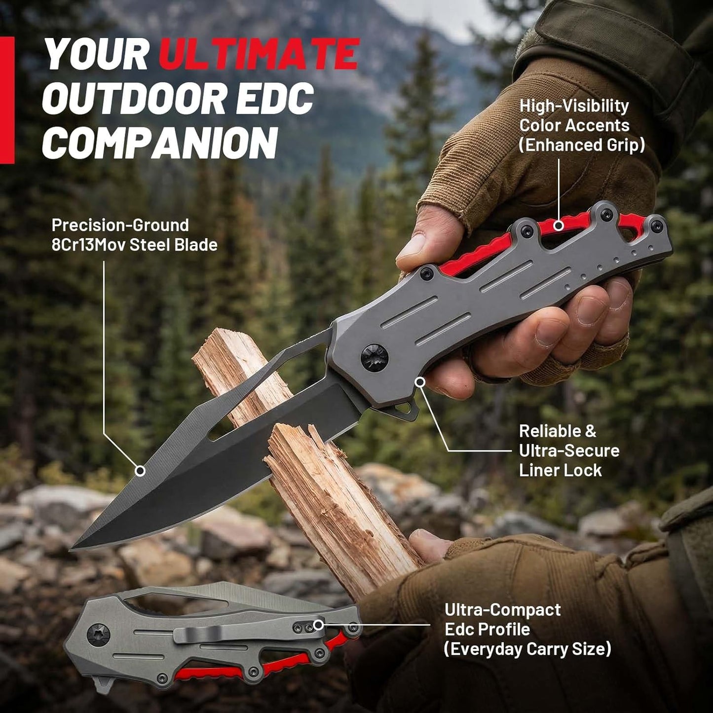 Cuchillo plegable acero inox 3.4pulg con clip táctico EDC