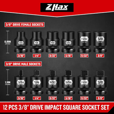Set 12 Pzas llave de tubo 3/8inch acero Cr-Mo