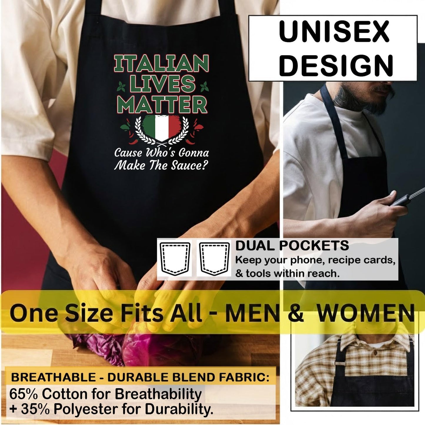 Delantal cocina unisex negro ajustable con bolsillos
