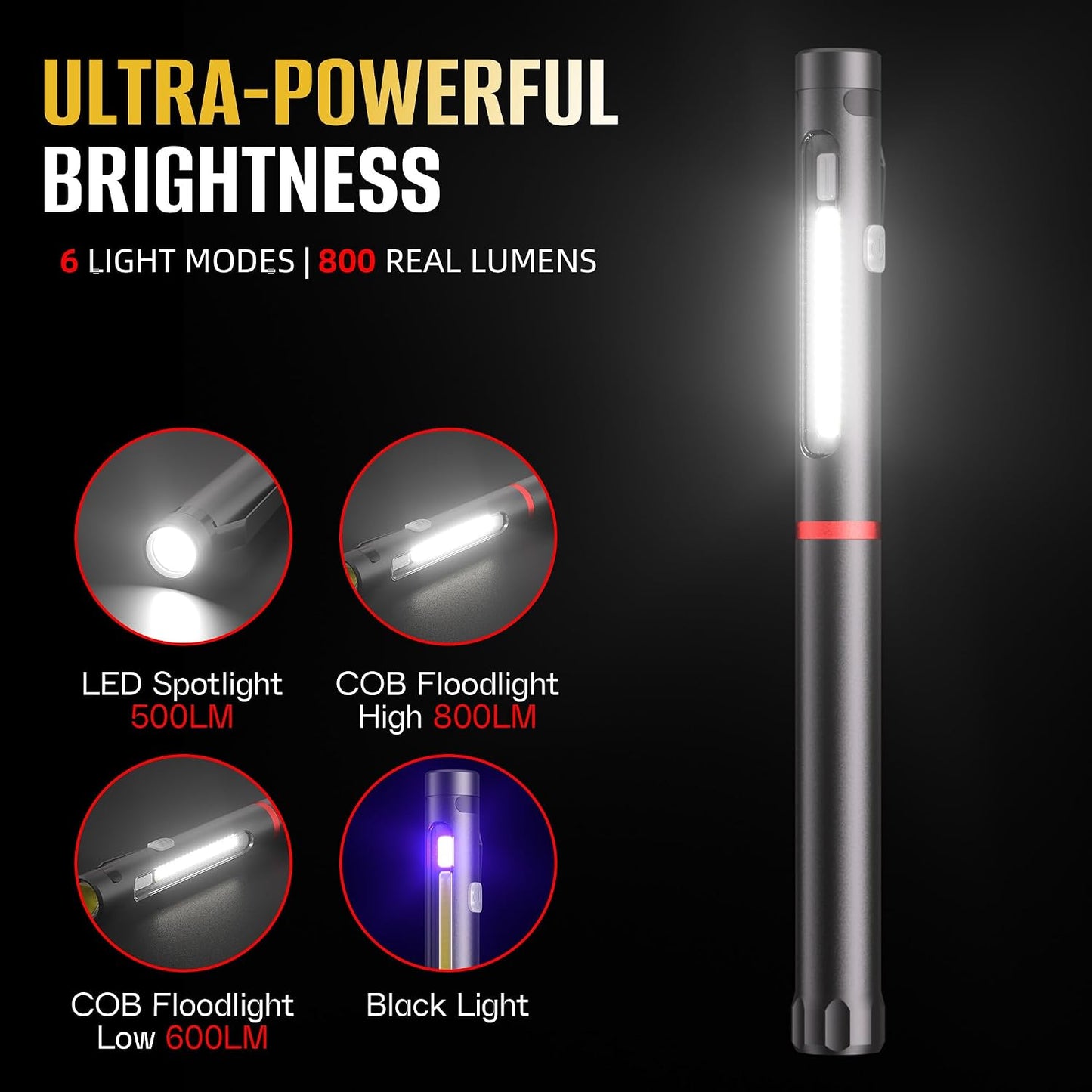 Linterna LED COB magnética 800 lúmenes recargable 6 modos