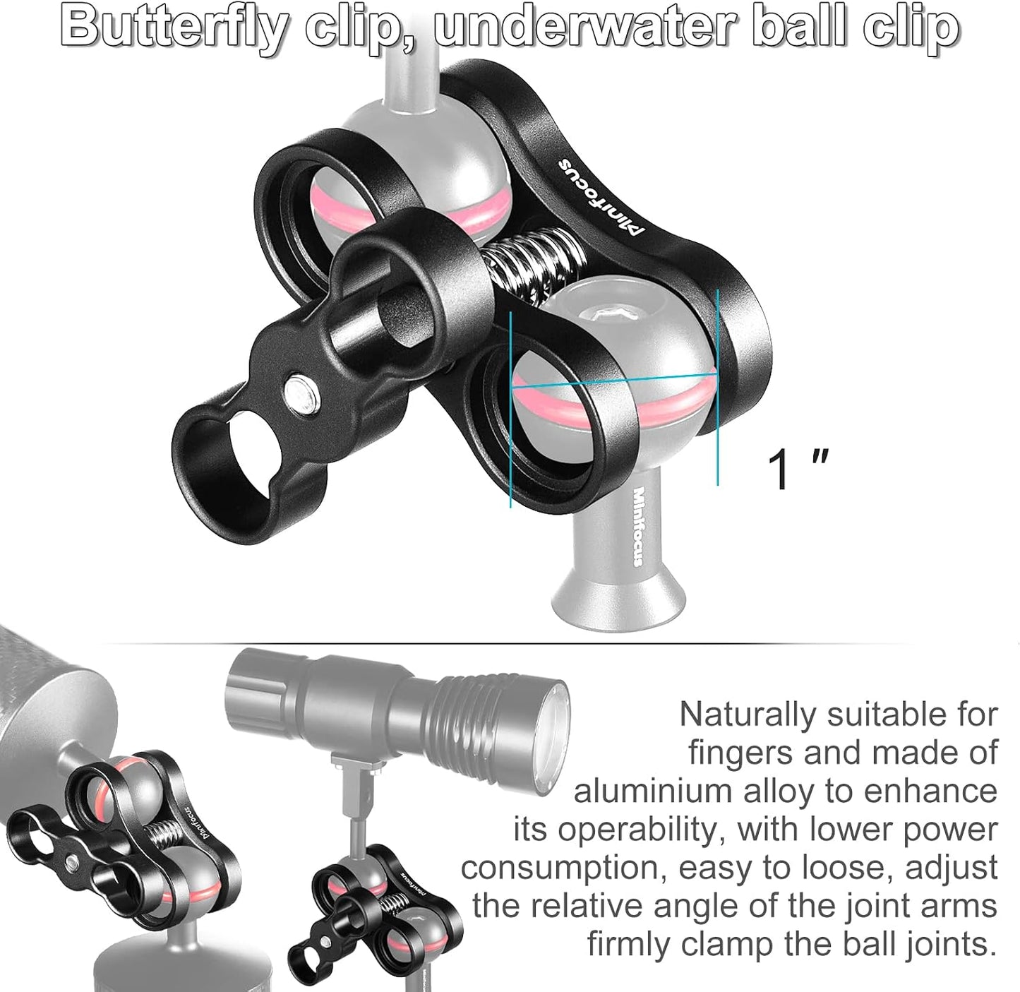 Soporte abrazadera bola aluminio 1pulg para luz buceo cámara