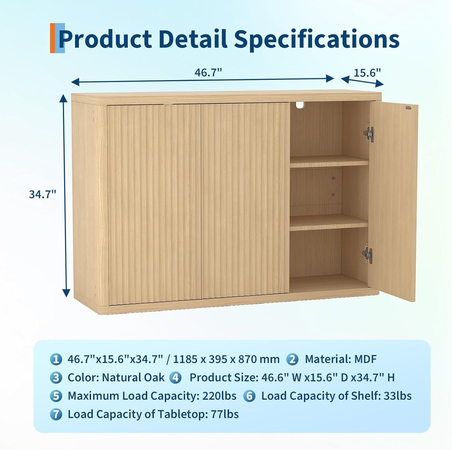 Armario buffet 46.7pulg 3 puertas acanaladas estante ajustable
