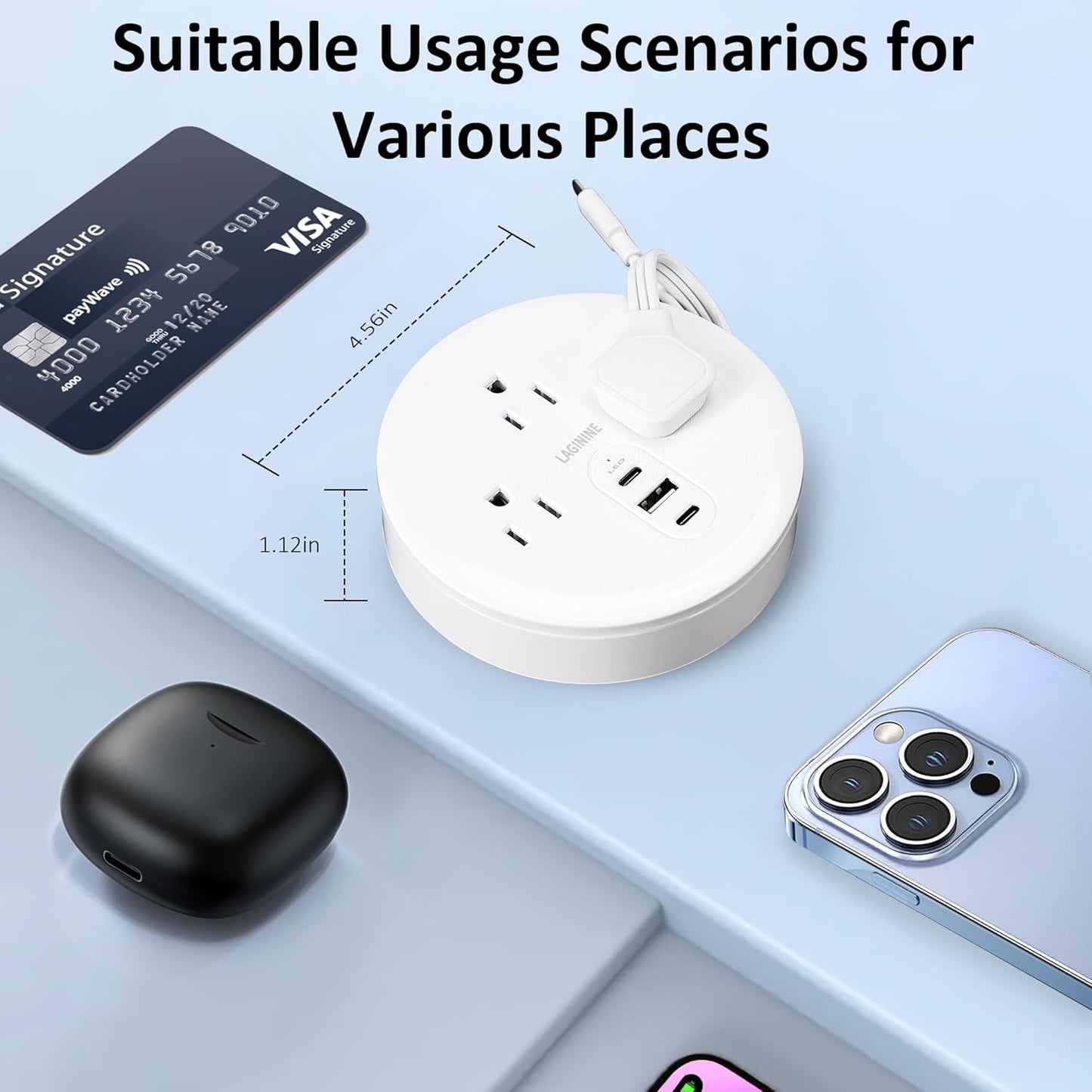 Extensor toma pared con estante 10en1 8 salidas CA 2 USB para hogar