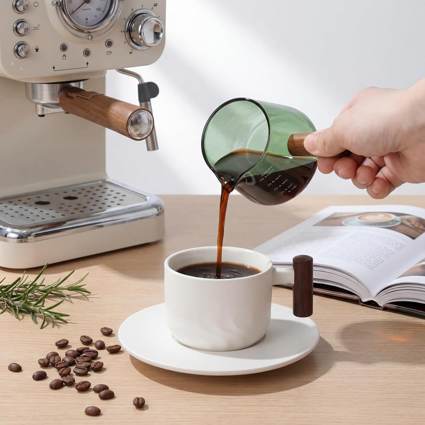 2 Tazas Espresso Vidrio con Boquilla V Asa Jarra Espuma Leche