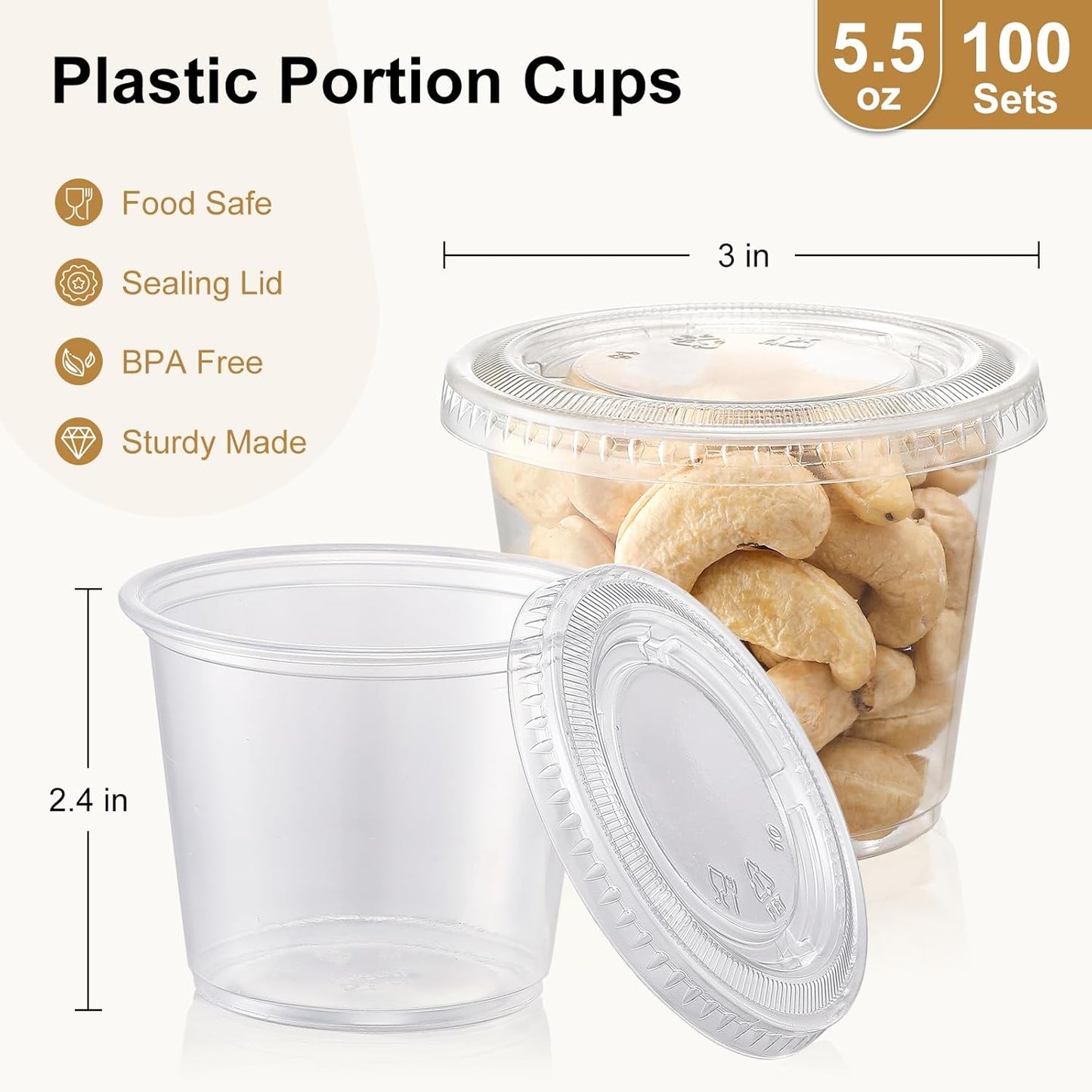 100 Juegos Tazas 5.5oz con Tapas Vasos Gelatina Plástico