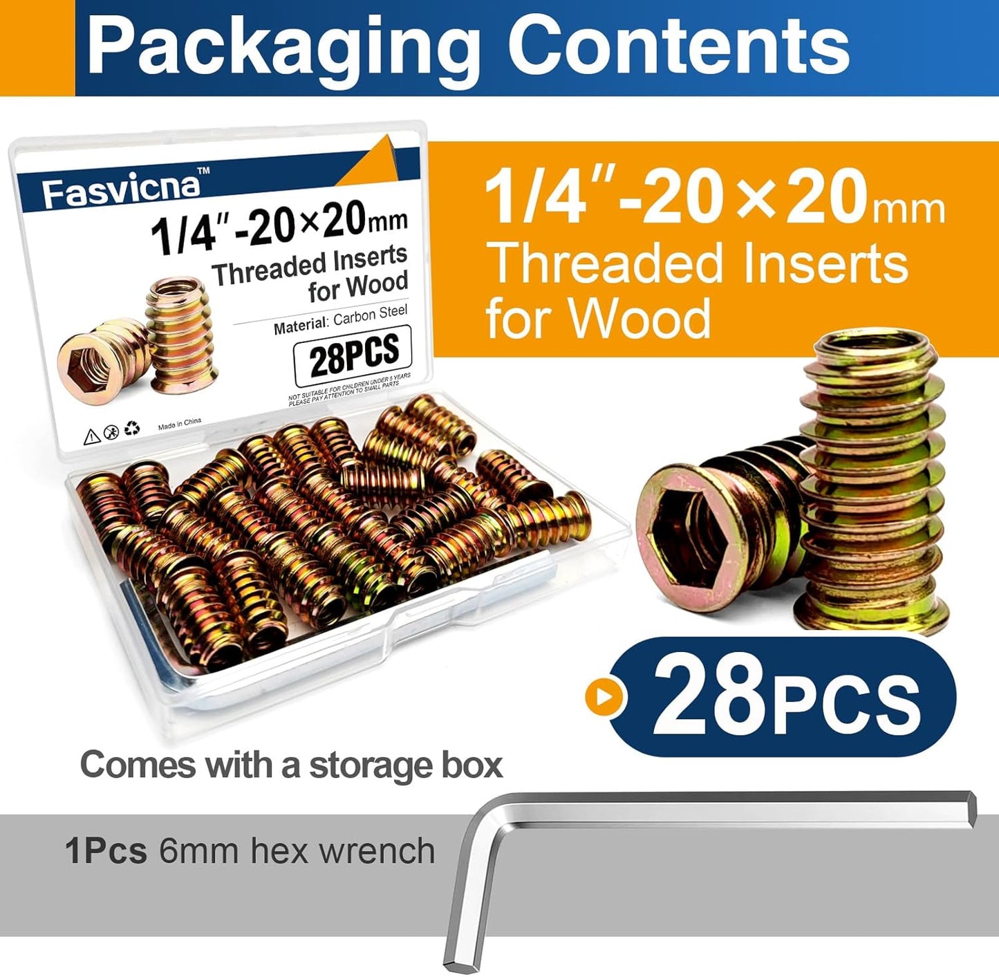Insertos roscados 1/4-0.787 pulg para madera set 28