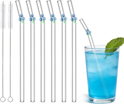 Pajitas de vidrio resistentes con cepillos y dijes florales para fiestas