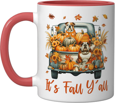 Taza cerámica de otoño para perro bulldog inglés en camión de acción de gracias roja/blanca