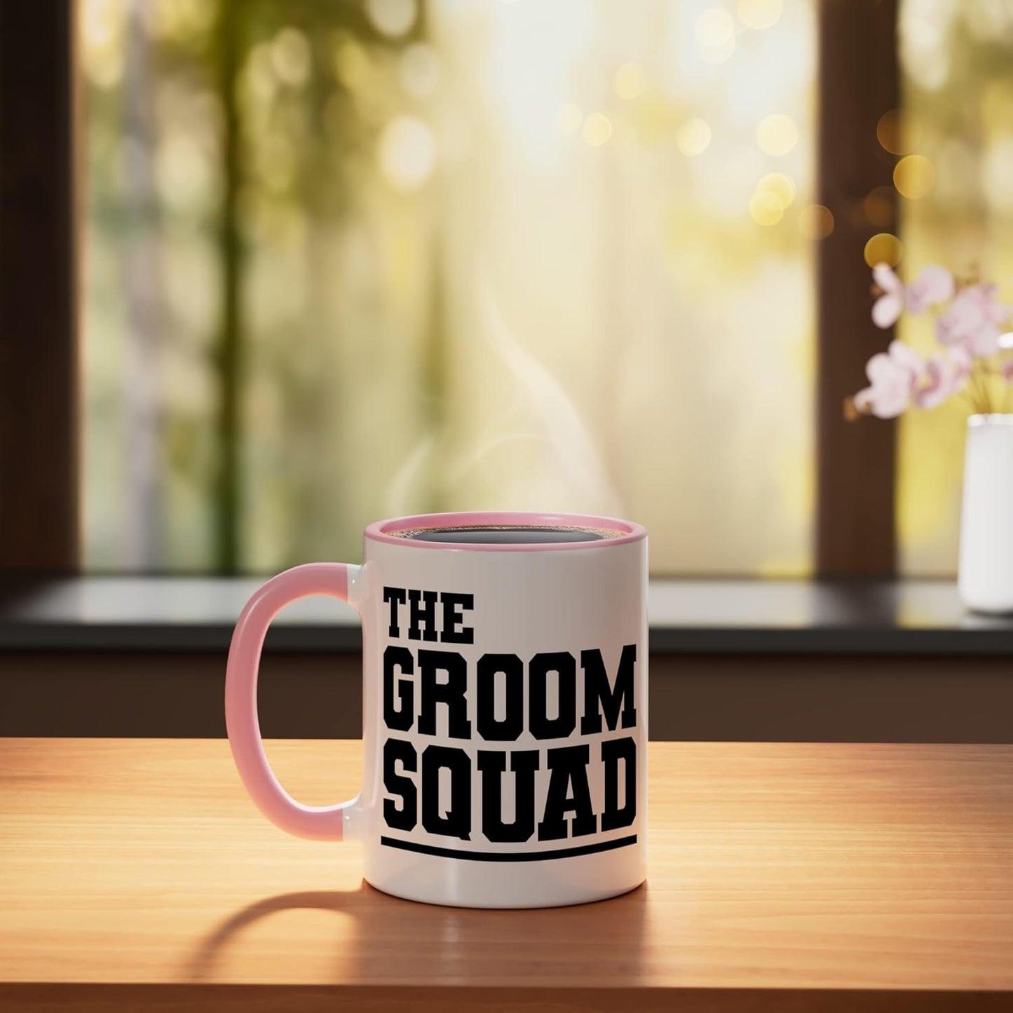 Taza cerámica The Groom Squad para fiestas de bodas y despedidas de soltero en rosa/blanco