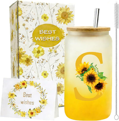 Vaso cristal inicial con tapa y pajilla 16oz regalo cumpleaños mamá