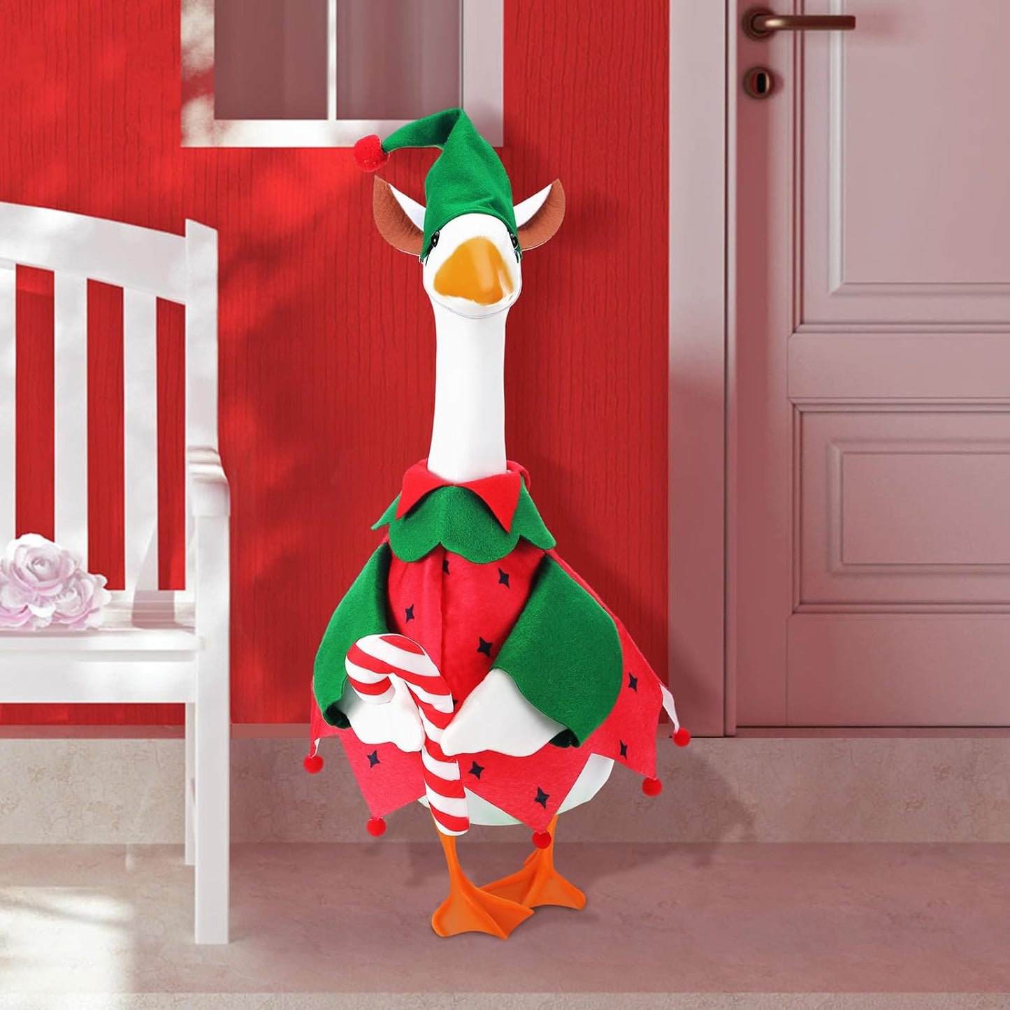 Traje ganso elfo Navidad rojo y verde para patio jardín decoración