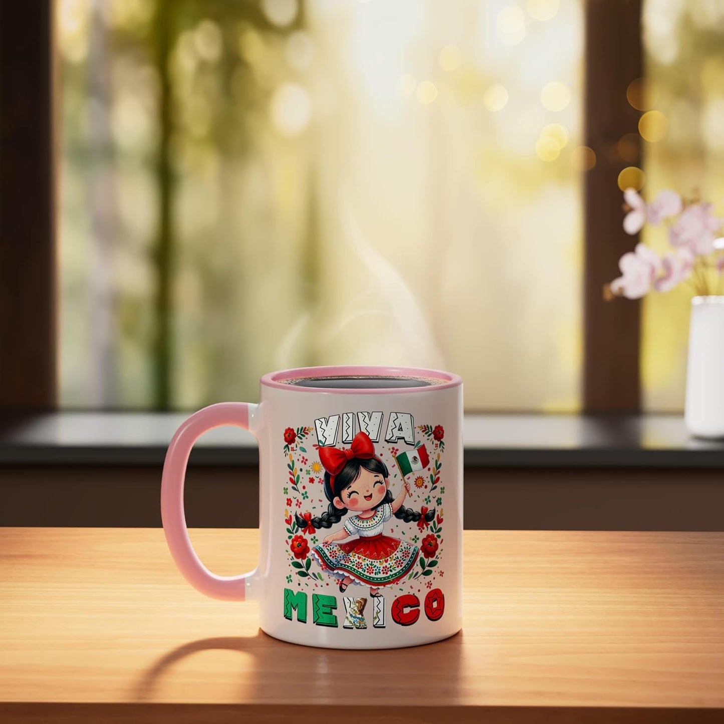 Taza de cerámica con diseño de bandera mexicana en rosa y blanco