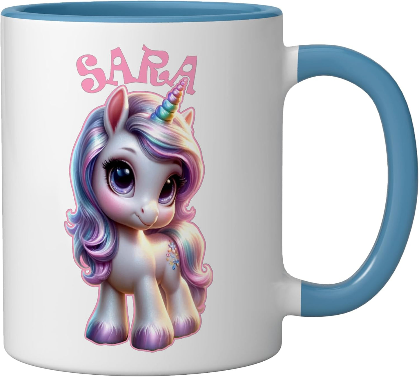 Taza cerámica para niñas con diseño unicornio azul/blanco