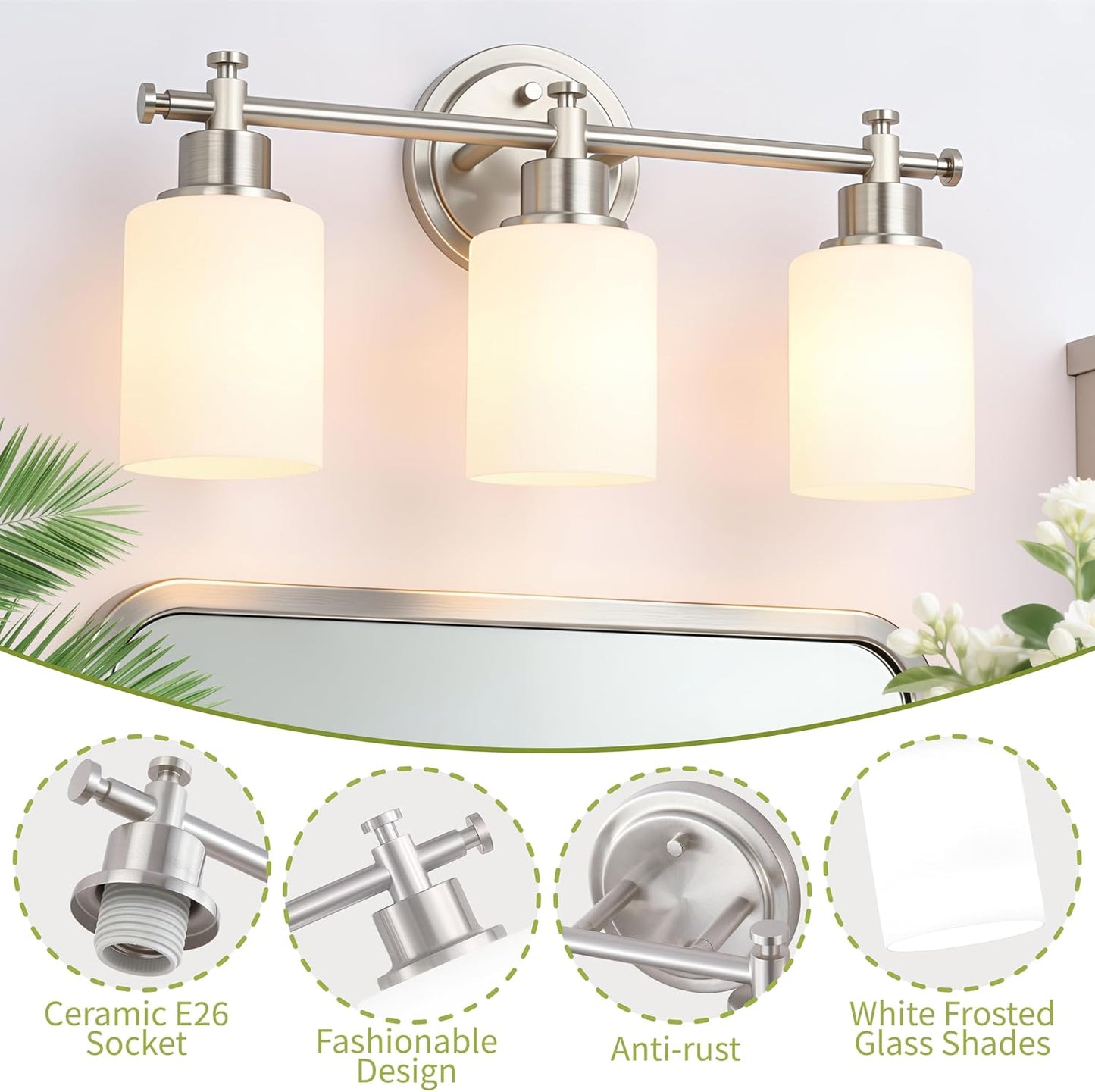Lámpara baño 3 luces níquel cepillado vidrio blanco
