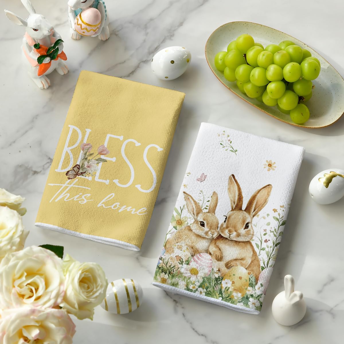 Juego de 4 toallas de cocina con diseño de conejo y mariposa para Pascua y primavera