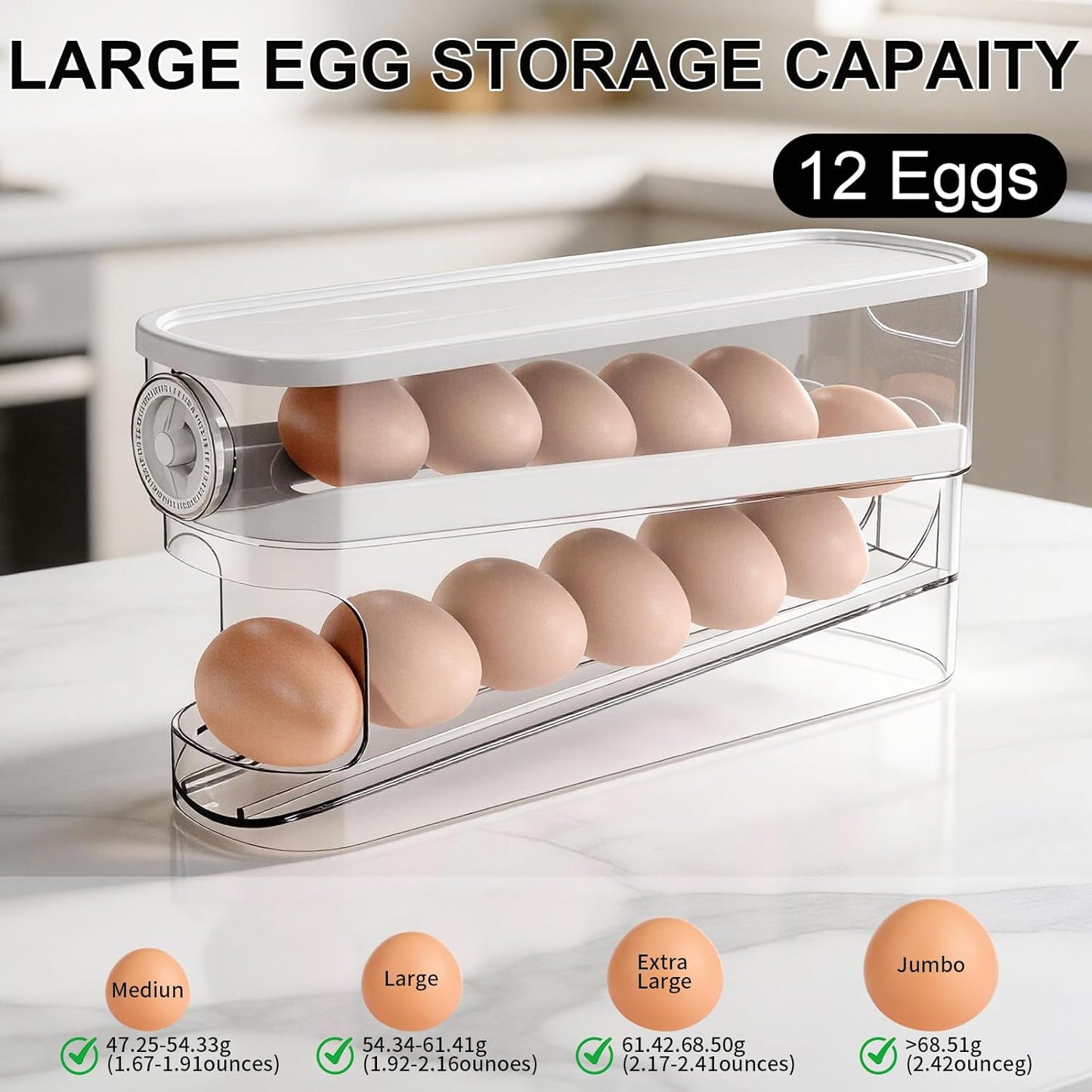 Soporte para huevos con rueda automática, dispensador y organizador para refrigerador