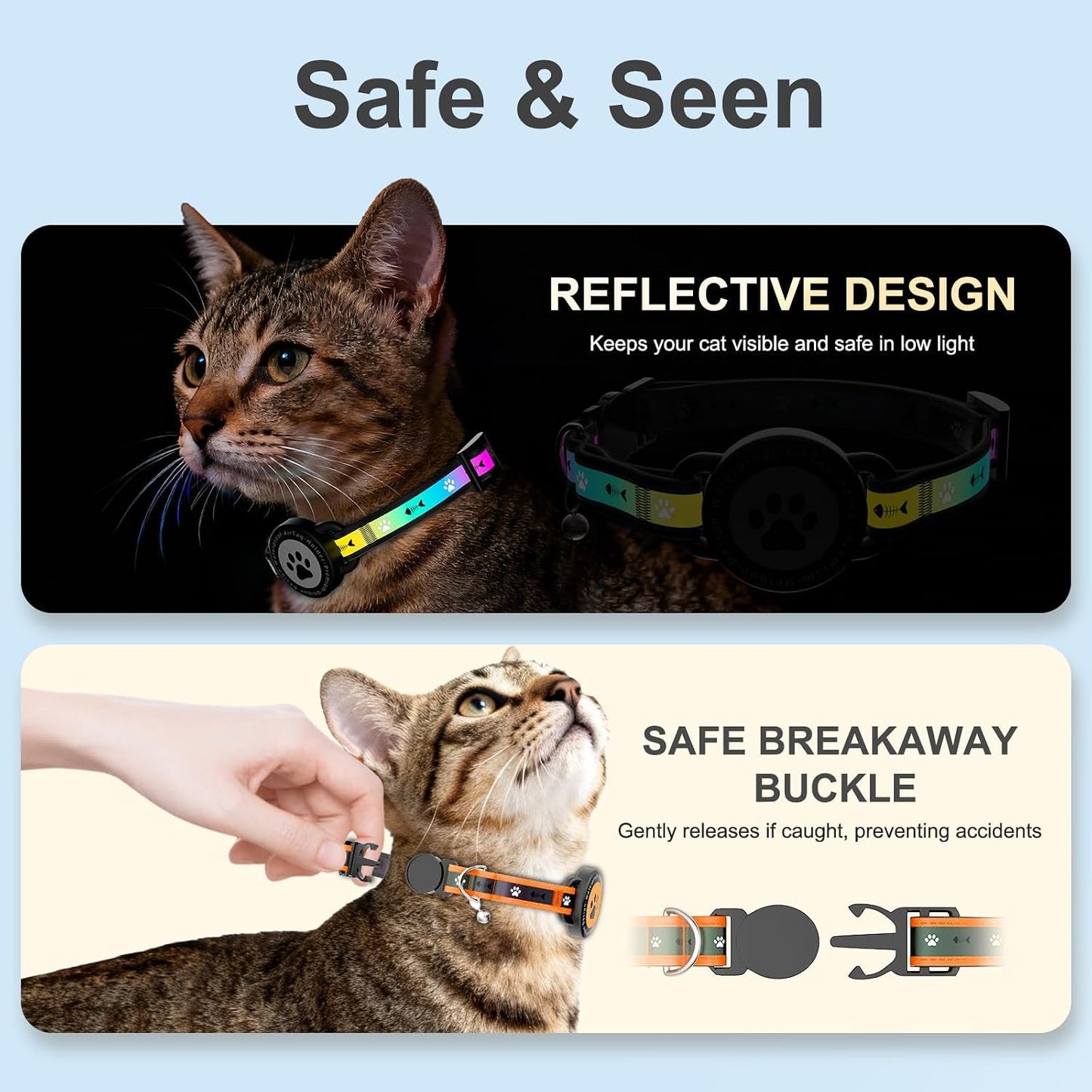 Collar gato reflectante con AirTag ajustable naranja