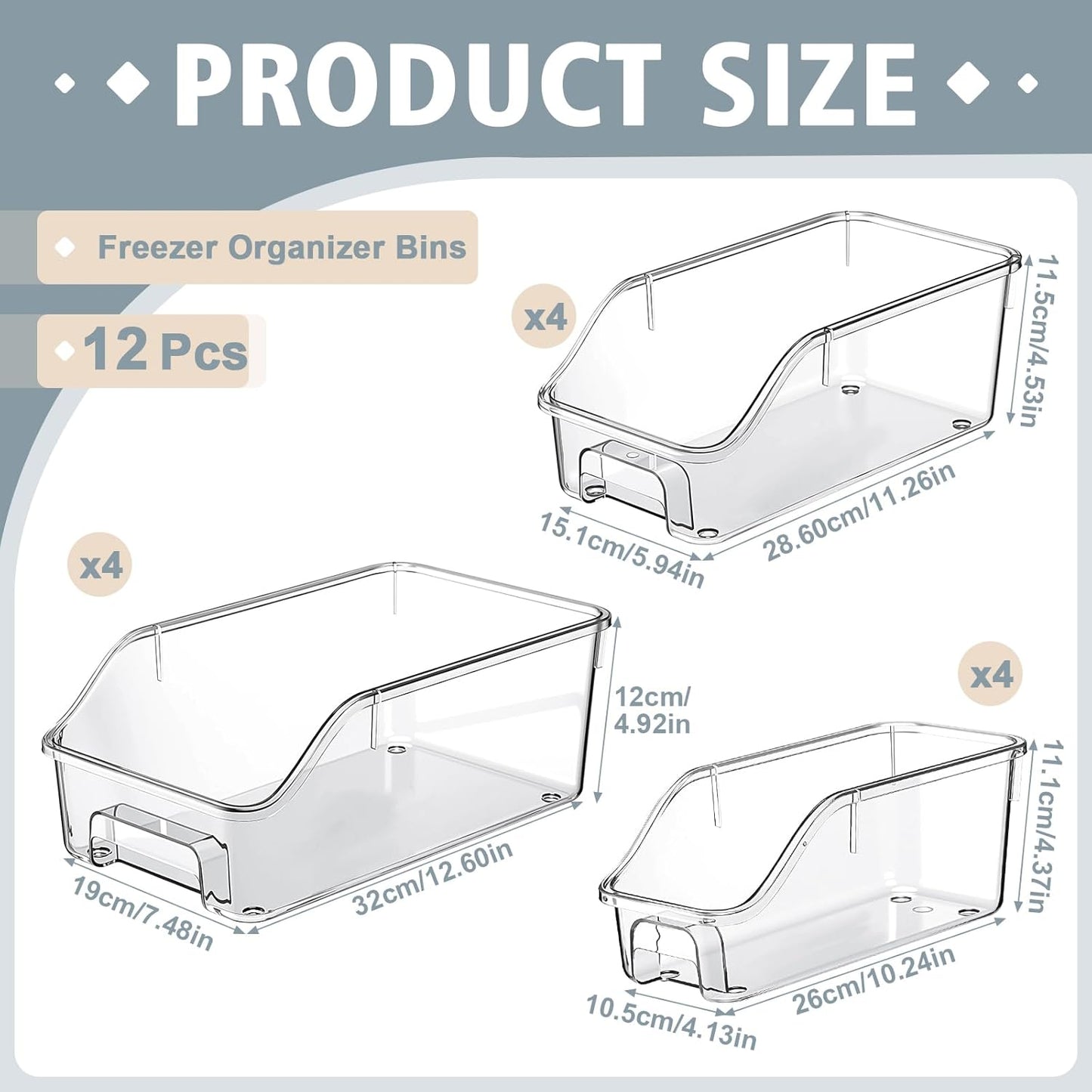 Pack 12 Organiz. Transparentes Congelador Almacenamiento Apilables