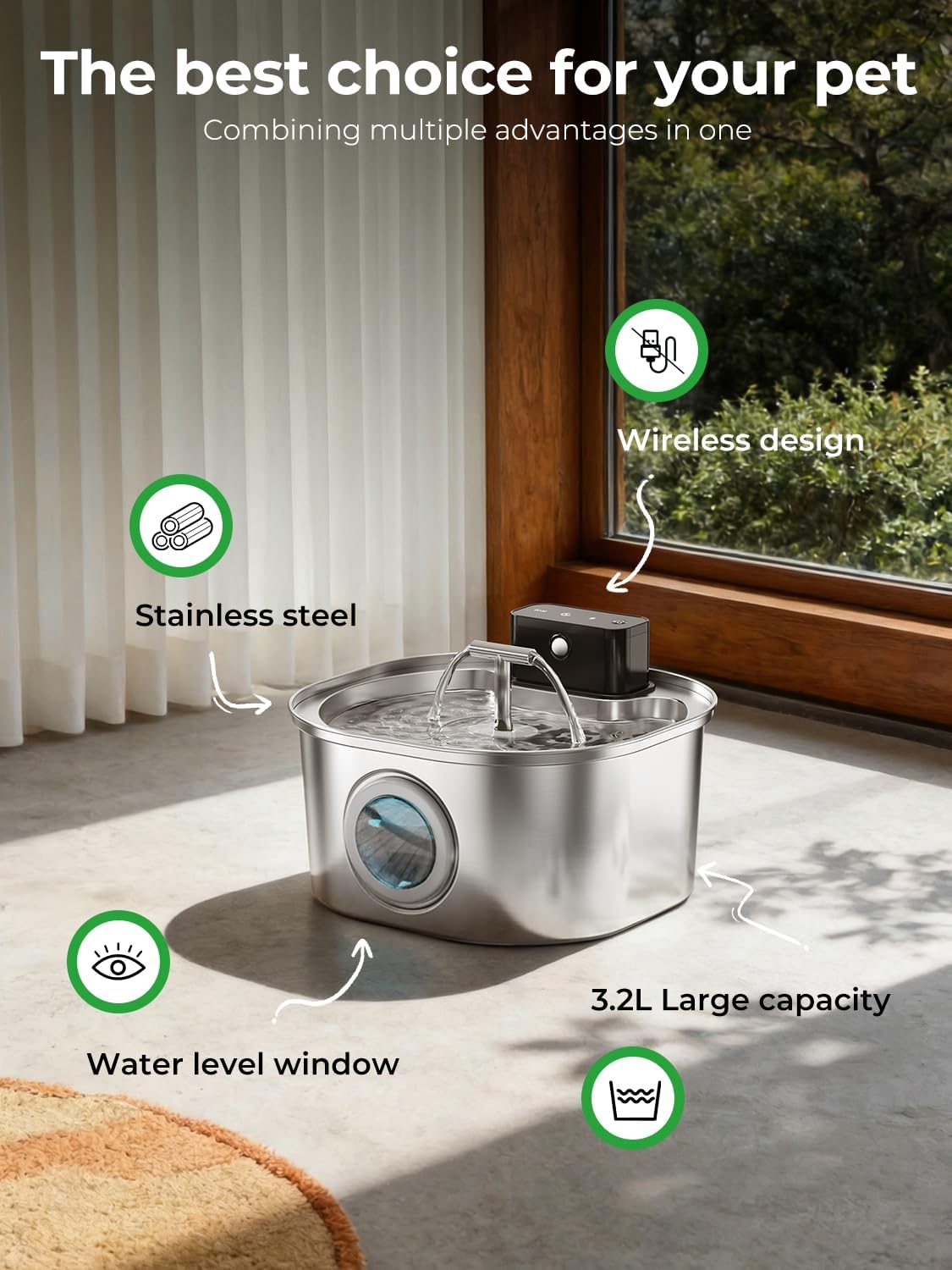 Fuente agua gatos acero inox 3.2L sensor movimiento