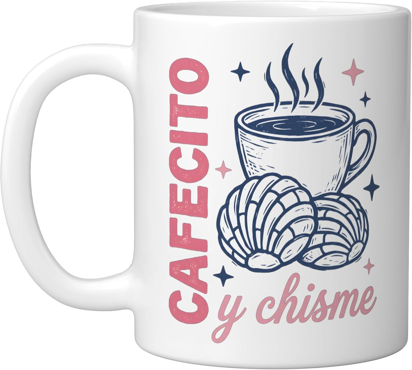 Taza de café cerámica latina Cafecito Y Chisme concha estilo blanco