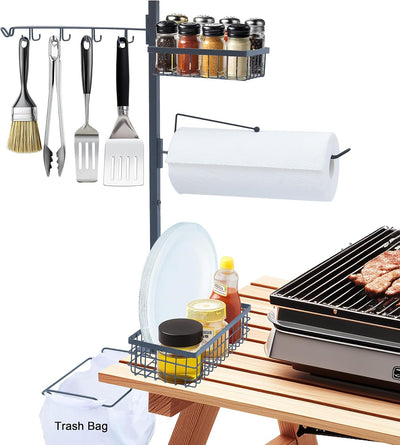 Organizador parrilla 5en1 soporte bolsa basura herramientas camping