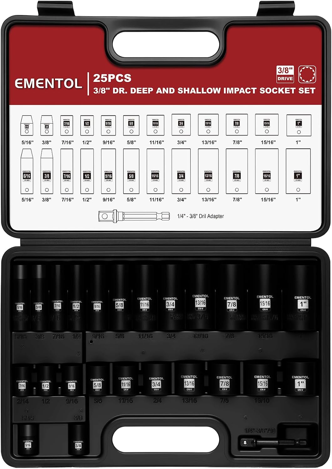 Juego llaves impacto 3/8 25uds SAE 5/16-1 12 puntos adaptador