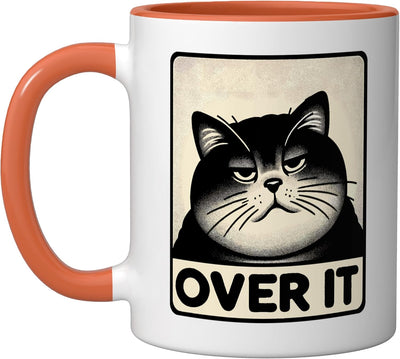 Taza de cerámica con gato kawaii cara de sorpresa y sarcasmo naranja/blanca
