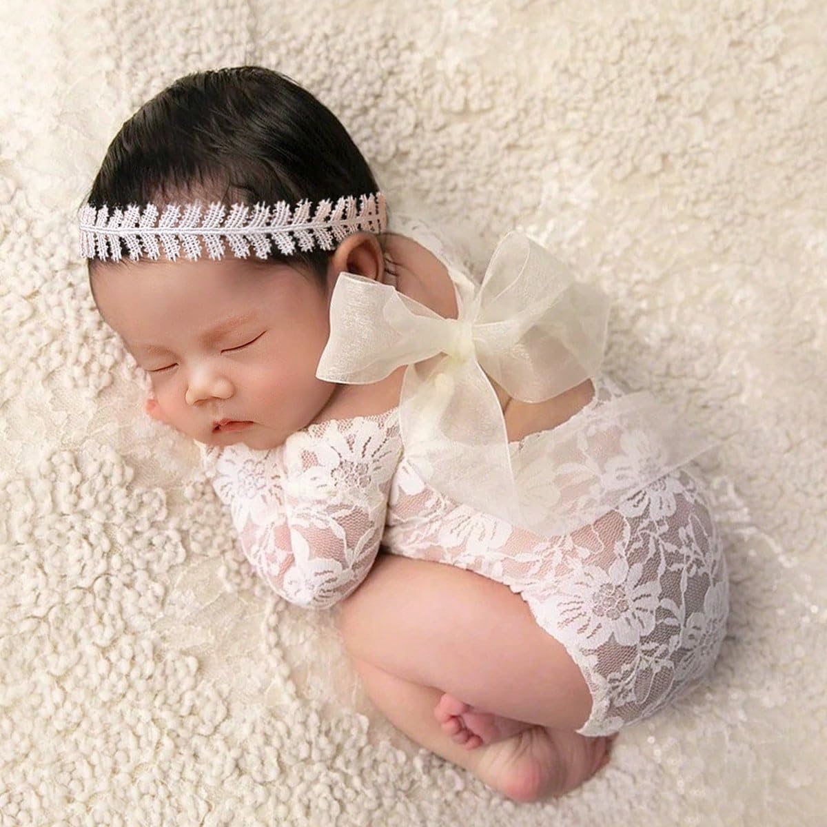 Traje de encaje para bebé recién nacido con diadema