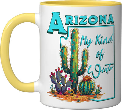 Taza de cerámica Arizona Winters Snowbird Springtime Cactus Amarillo/Blanco