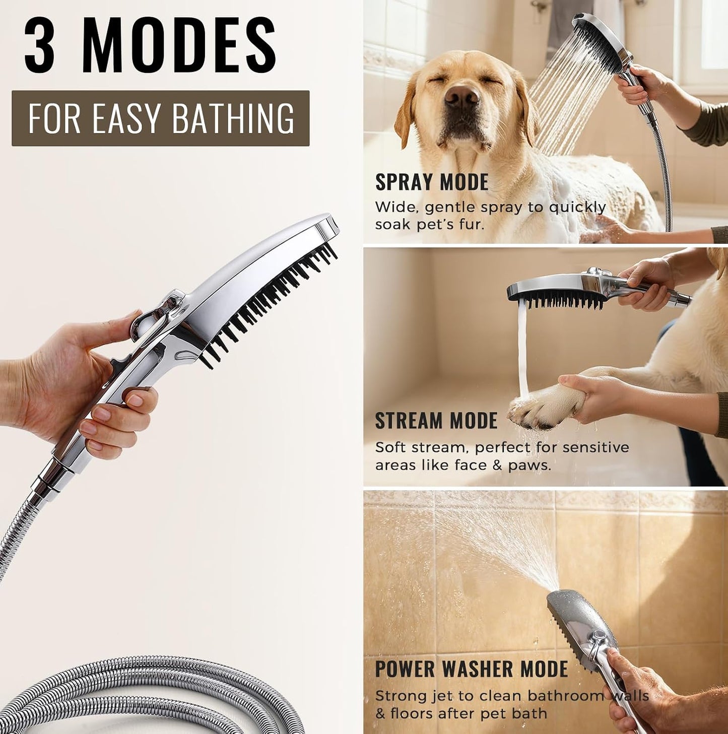 Accesorio ducha perro 3 modos manguera acero inox 118pulg