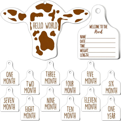 14 Tarjetas Hitos Vaca Bebé Adorno Madera Blanco