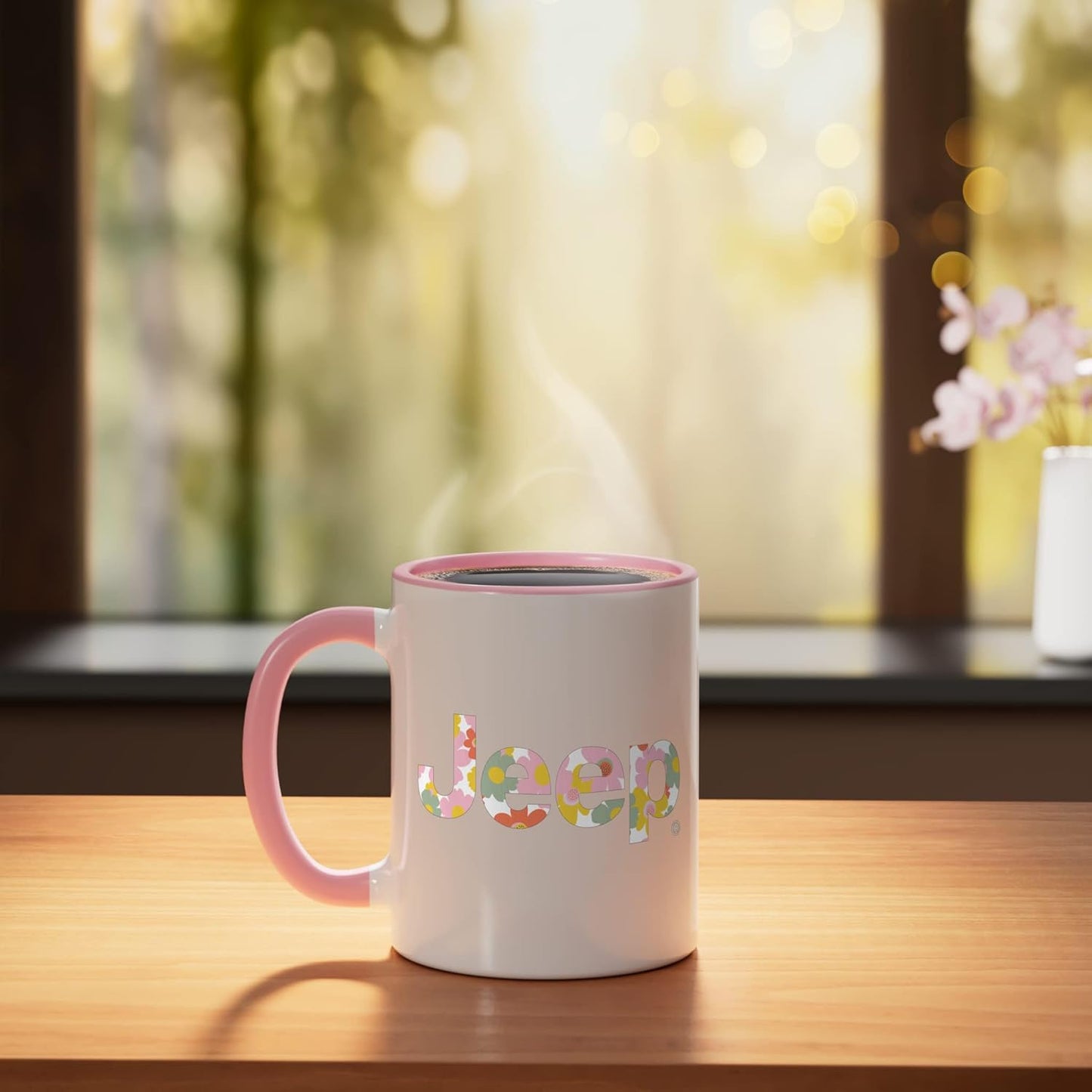 Taza de cerámica Jeep logotipo floral rosa/blanco
