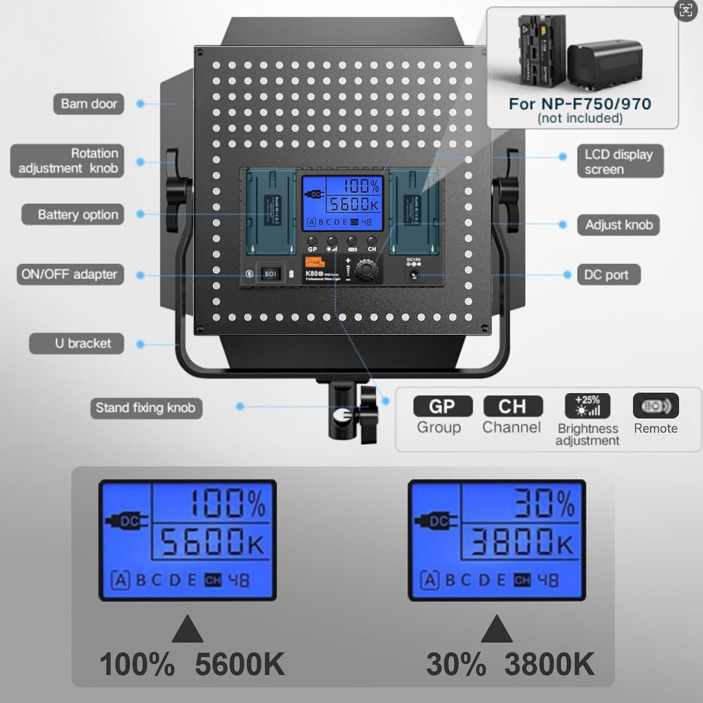 Luz video LED bicolor 3200K-5600K 45W panel estudio transmisión