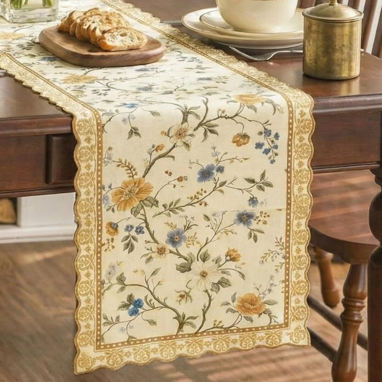 Camino de mesa Chinoiserie floral marrón claro y blanco vintage