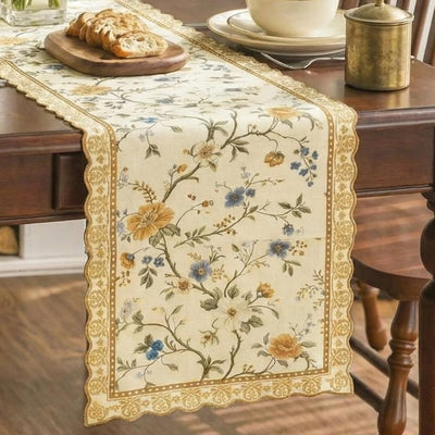 Camino de mesa Chinoiserie floral marrón claro y blanco vintage