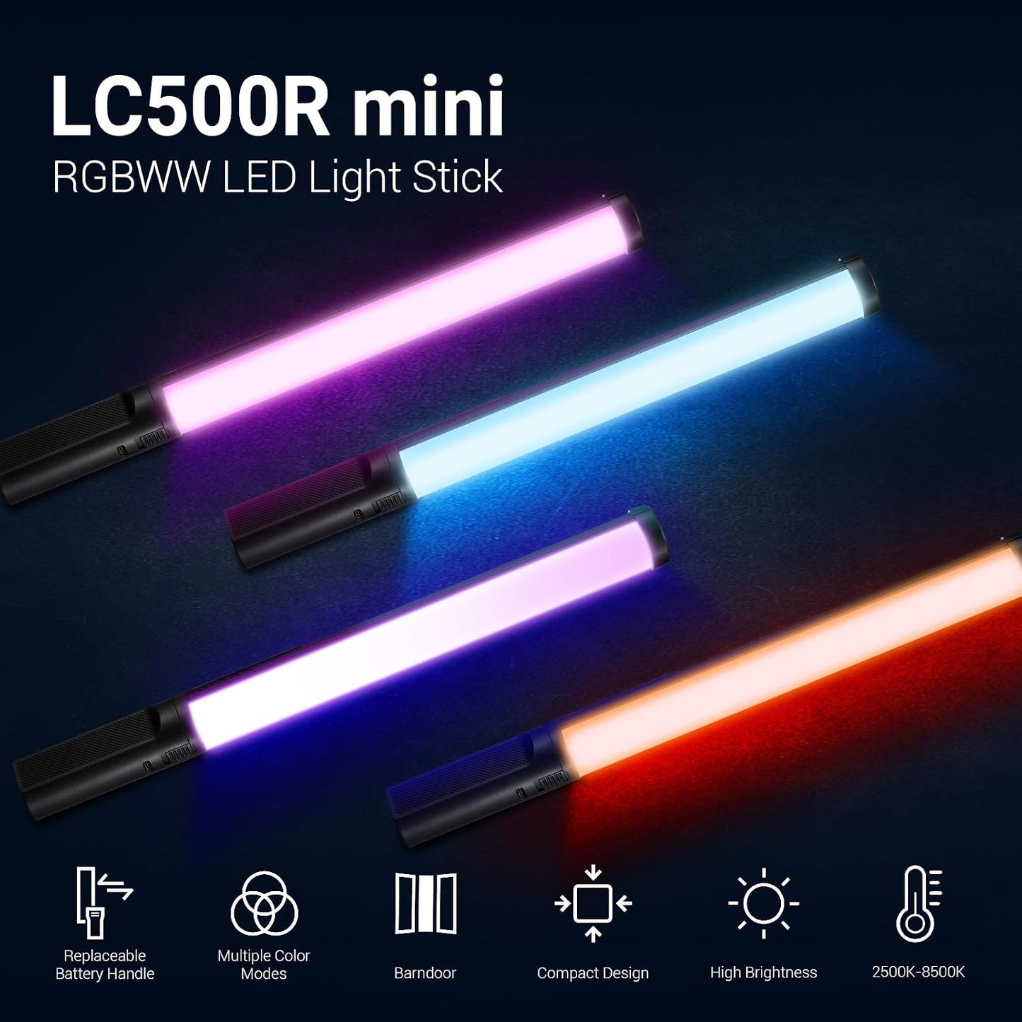 Luz RGB de mano 20W 360° con barndoor y difusor suave