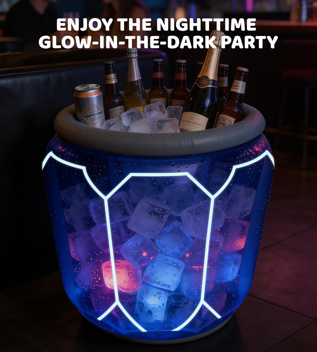 Cubo de hielo inflable con luz LED azul transparente y borde plateado