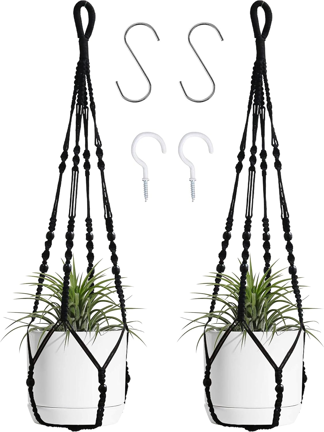 Colgador macramé para plantas con cuentas madera 35pulg 2uds