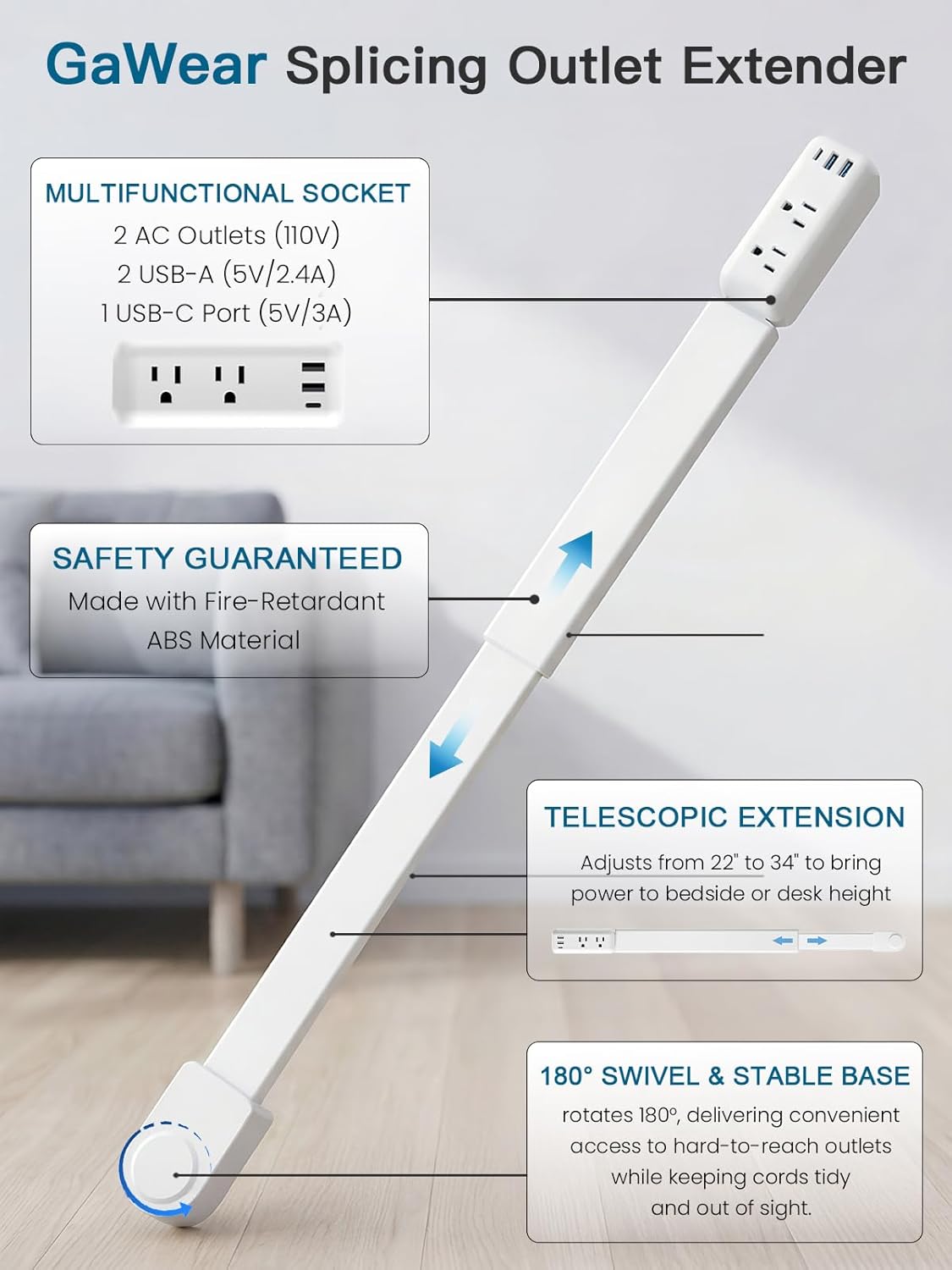Extensor toma corriente 2 USB-A 1 USB-C 2 tomas 22-34pulg