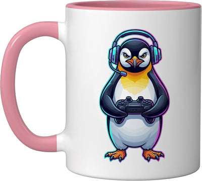 Taza de café para videojuegos Emperor Penguin con auriculares y controlador rosa/blanca