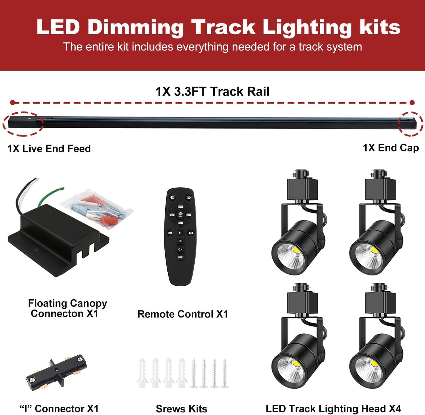 Kit iluminación riel 4 luces H 3.3ft conector flotante