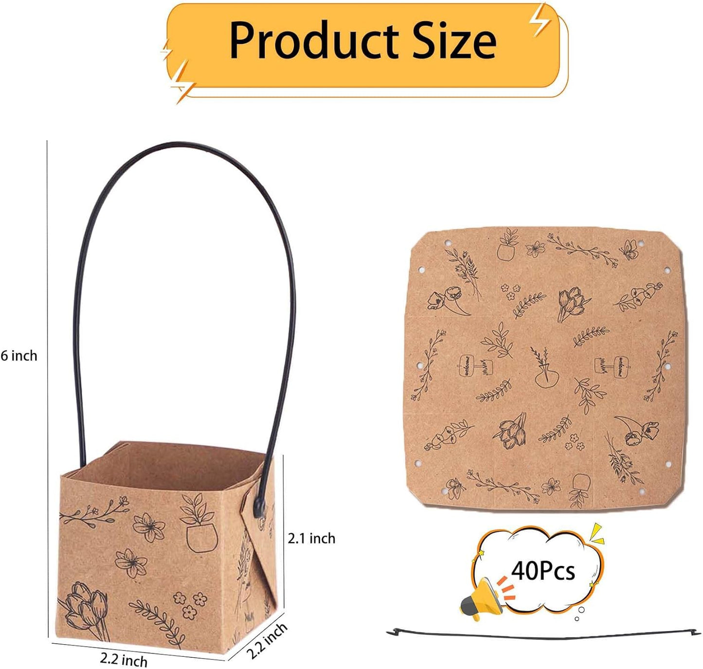 40 Bolsas Suculentas 2pulg Cesta Kraft con Asa para Regalos