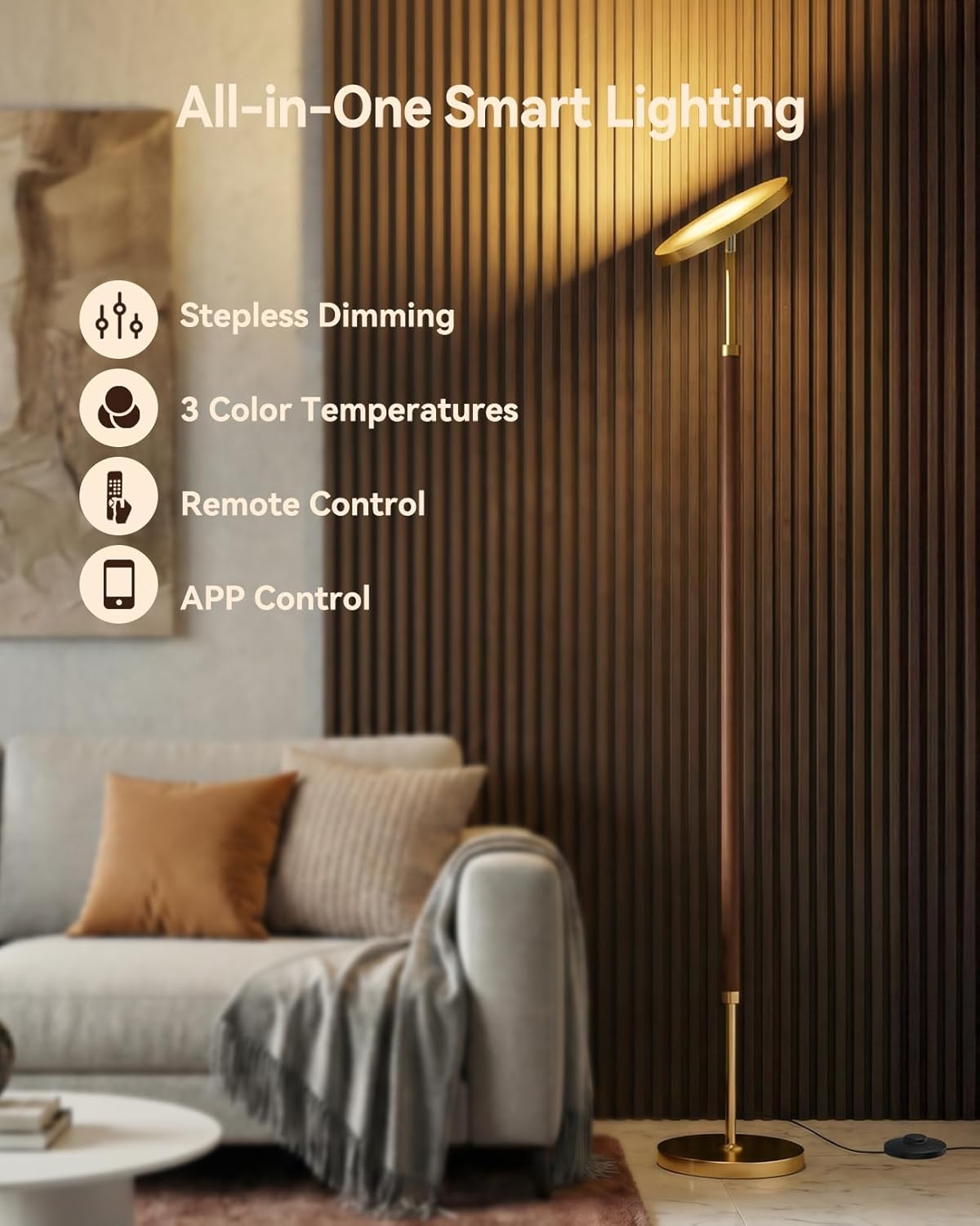 Lámpara pie madera LED regulable con control remoto 3000K-6500K