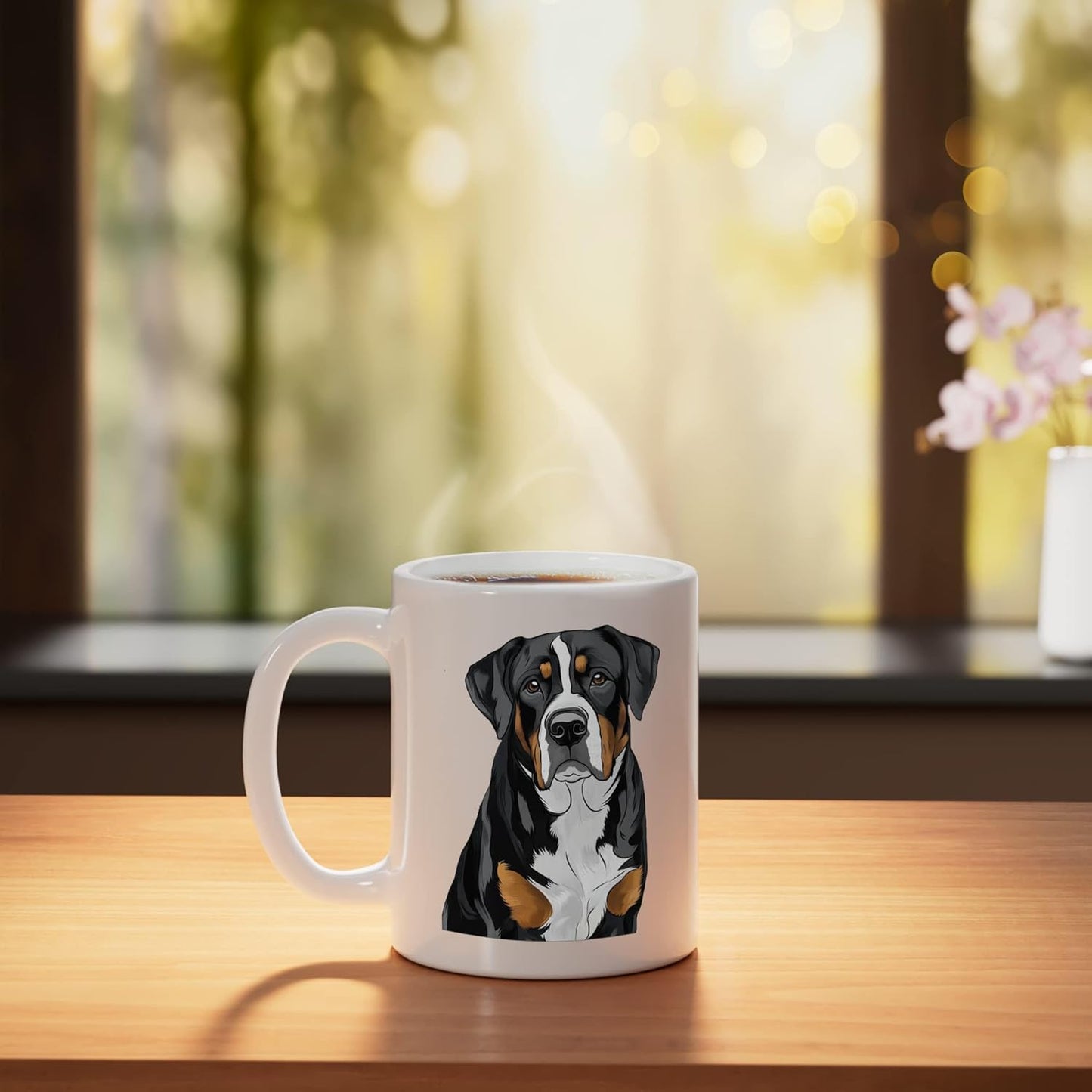 Taza cerámica blanca con ilustración de perro suizo