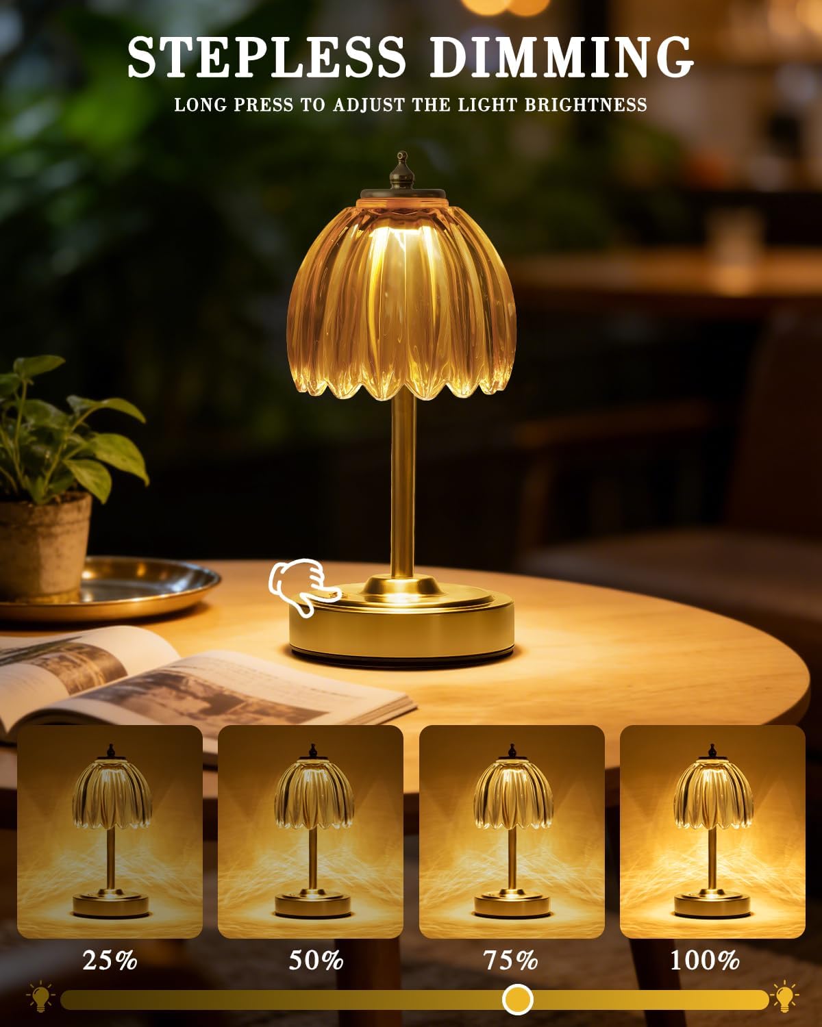 Lámpara mesa cristal tulipán control táctil 5400mAh recargable