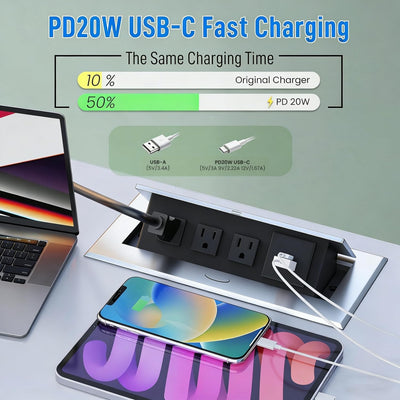Hub alimentación mesa conferencias PD20W USB-C 3 tomas CA plateado