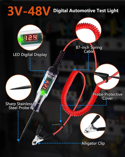 Luz prueba automotriz digital LED 3-48V con sonda acero inox